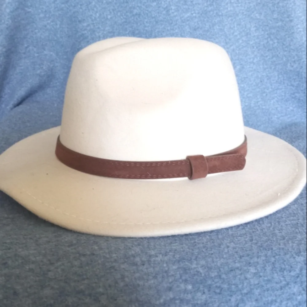 NWOT Cream Wool Panama Fedora Hat Medium Wide Brim Leather Band - Picture 2 of 9